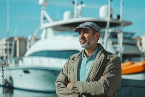 A man wearing a cap and a casual outfit stands with crossed arms near a luxury yacht in a bright marina. The scene captures a relaxed, coastal vibe with clear skies photo