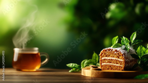 Japanese Hojicha Roll Cake, styled with earthy tones and minimalist tea house decor, [Asian desserts, artisanal presentation] photo