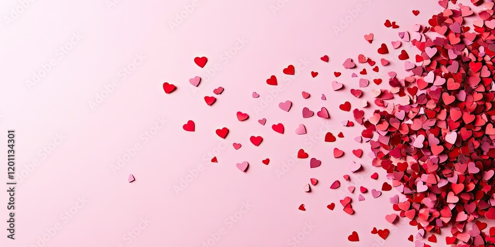 Pink backdrop with scattered red and pink paper heart confetti flowing from the right to the left creating a romantic love theme for Valentine's Day