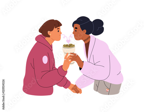 LGBT couple holds hands together. Cute lesbians drink from the same cup with straws on romantic date. Happy lovers, beloveds love each other. Flat isolated vector illustration on white background
