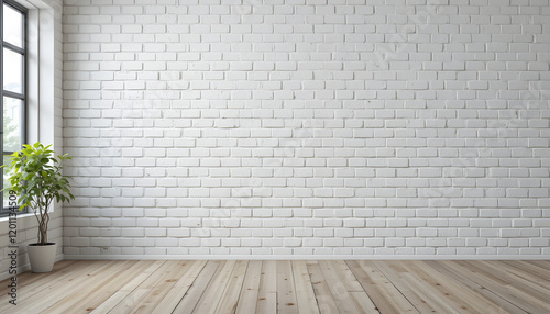 White brick wall with natural texture and a small potted plant on wooden flooring, perfect for home decor inspiration, minimal designs, or modern interior concepts.