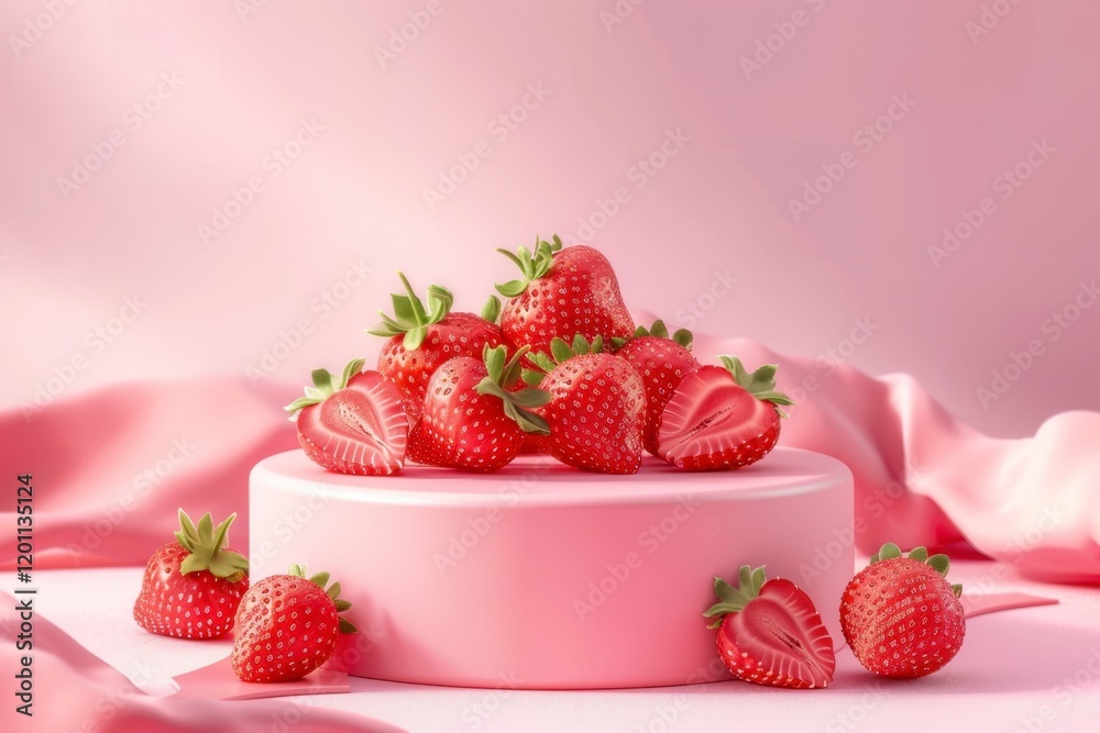 Fresh Strawberries Displayed on a Pink Pedestal with Soft Background Fresh Strawberries Displayed on a Pink Pedestal with Soft Background