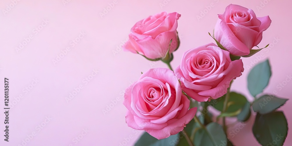 Fototapeta premium Pink roses with lush green leaves against a soft pastel pink background viewed from above perfect for Mother's Day or birthday greeting cards