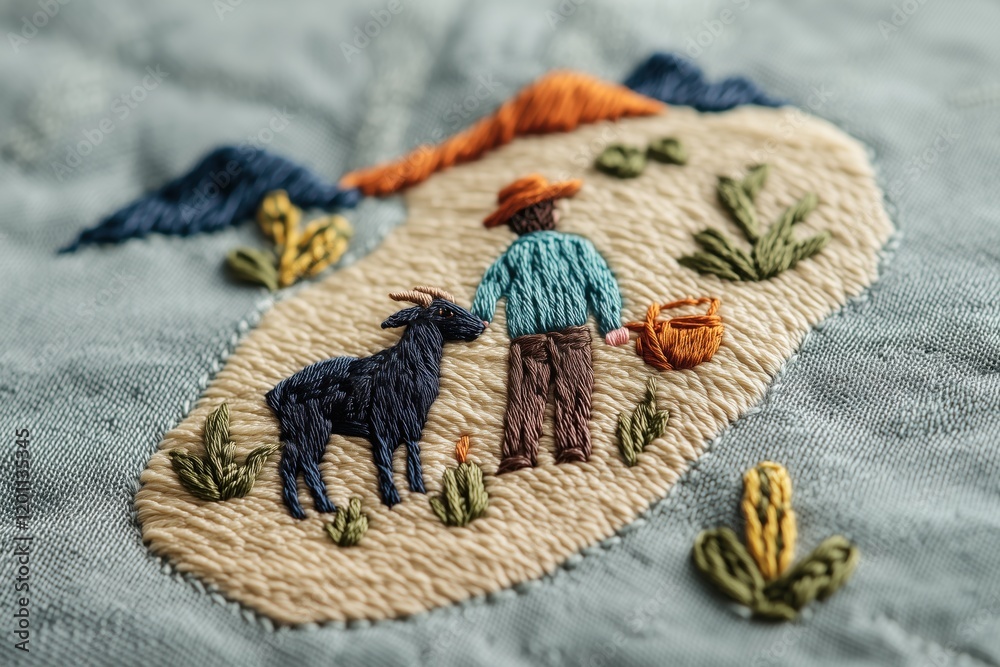 Fototapeta premium Rustic Goat & Caretaker Embroidered Art: Farm Pet Bond