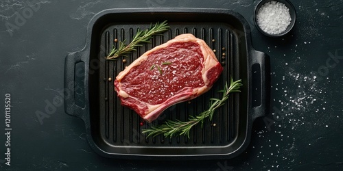 Raw rib eye beef steak seasoned with salt and pepper on a black grill pan garnished with fresh rosemary against a dark stone background photo