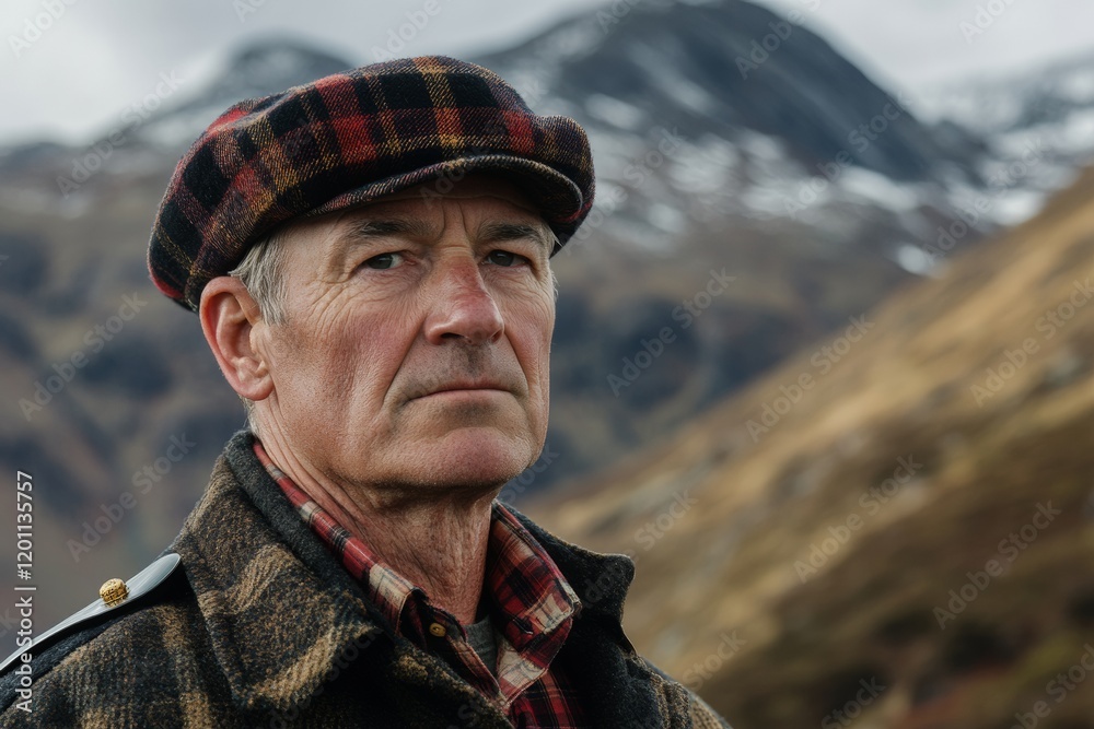 Obraz premium A man clad in a traditional Scottish cap gazes into the distance, set against majestic mountains. The landscape features rugged textures and a dramatic sky, revealing the beauty of nature