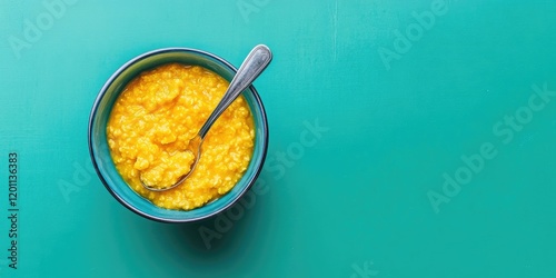 Vibrant yellow pumpkin porridge in a blue bowl with a silver spoon on a teal background ample empty space for baby food or vegan meal promotion photo