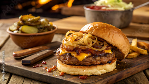 A high-resolution image of a juicy, smashed burger patty with crispy edges, topped with melted cheese, caramelized onions, and pickles, served on a toasted bun