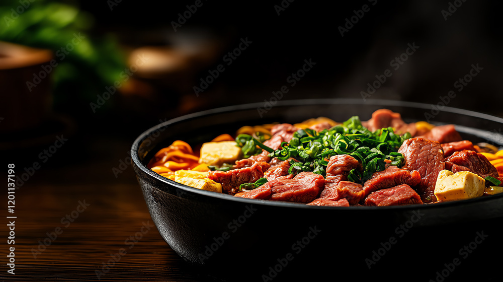 Japanese Sukiyaki hot pot, featuring thinly sliced beef and tofu, served in an intimate family setting, [Asian communal meals, cultural warmth]