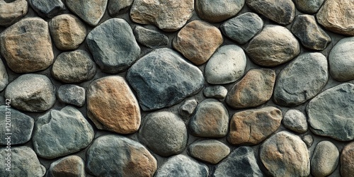 Textured backdrop of river stones in various shades of gray and brown, arranged irregularly with cement adhesive, showcasing a natural aesthetic.