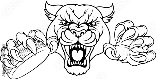 A panther, leopard or cougar wildcat cat jaguar ice hockey sports mascot holding a hockey puck