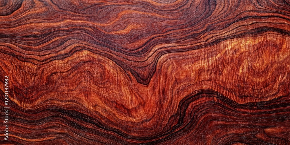 Rich rosewood veneer texture featuring deep reddish-brown tones with intricate wavy patterns and lighter streaks centrally positioned throughout. Rich rosewood veneer texture featuring deep reddish-brown tones with intricate wavy patterns and lighter streaks centrally positioned throughout.