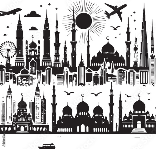 Black Color City Silhouette Vector Illustration, Solid White Background