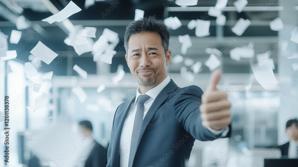 Businessman Celebrating Success: A confident businessman in a suit gives a thumbs-up, his smile radiant with success as a flurry of papers descends around him in a dynamic celebration of achievement. Businessman Celebrating Success: A confident businessman in a suit gives a thumbs-up, his smile radiant with success as a flurry of papers descends around him in a dynamic celebration of achievement.