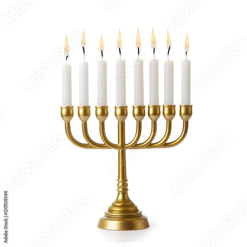 Golden Hanukkah menorah with white burning candles, isolated on white background photo