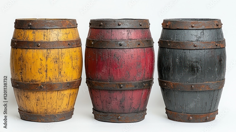 Fototapeta premium Studio shot three painted wooden barrels