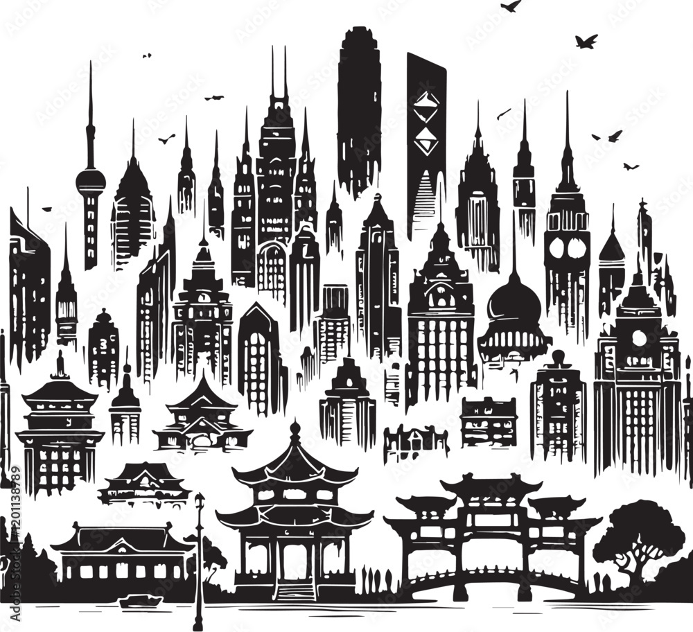 Fototapeta premium Black Color City Silhouette Vector Illustration, Solid White Background