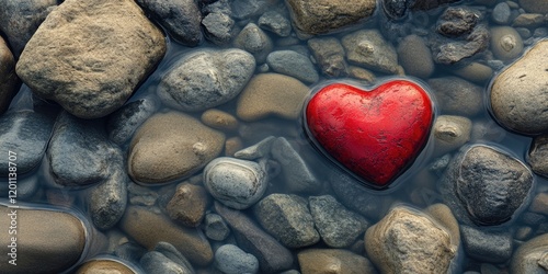Red heart stone centrally placed amidst smooth gray pebbles in shallow water view from above with clear area for text at top and bottom.