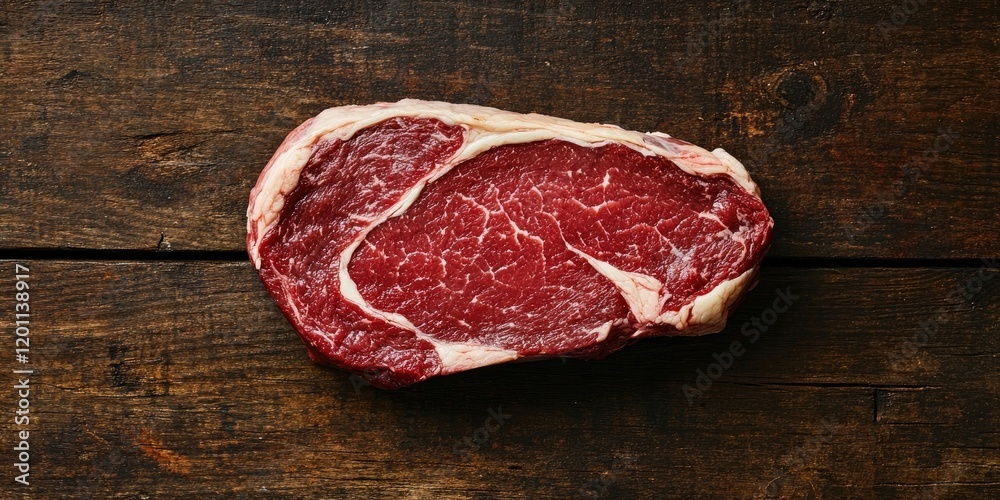 Prime rib eye steak on a rustic wooden surface with rich marbling and pinkish fat, viewed from above, highlighting the beef's texture.