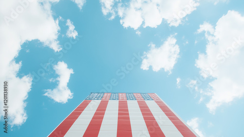 American Flag Against Blue Sky: A vibrant American flag, with its iconic red and white stripes, flutters proudly against a backdrop of a clear blue sky dotted with fluffy white clouds.
