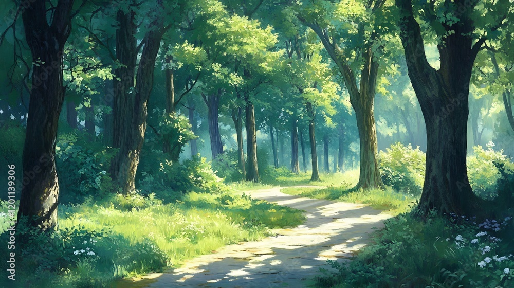 Sunlit Path Winding Through Lush Green Forest Sunlit Path Winding Through Lush Green Forest