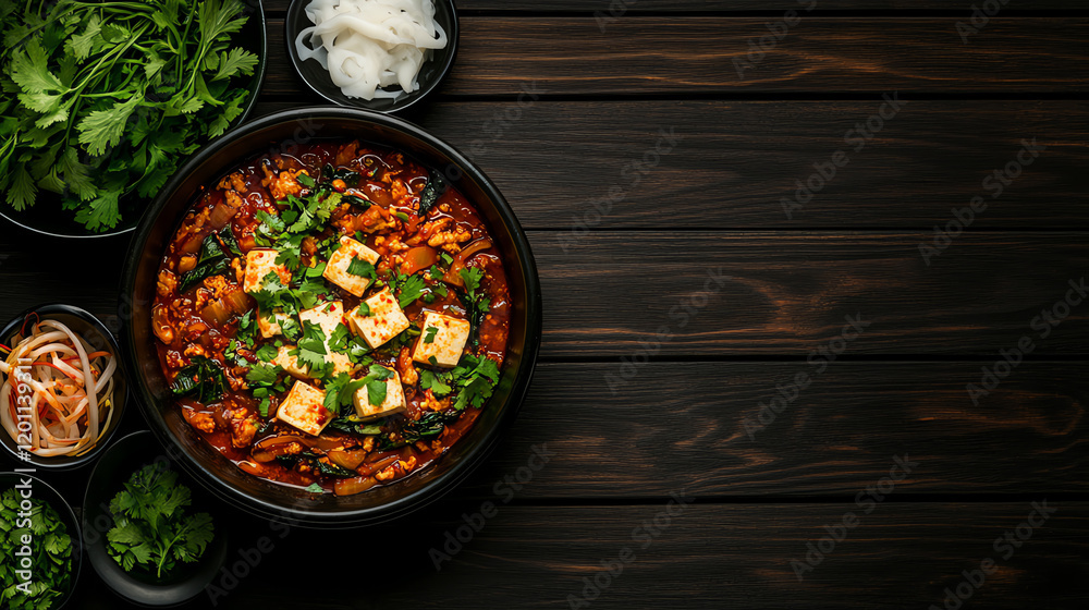Korean Sundubu Jjigae soft tofu stew, served bubbling in a clay pot with side dishes in a serene traditional dining setup, [Asian soulful meals, hearty warmth]