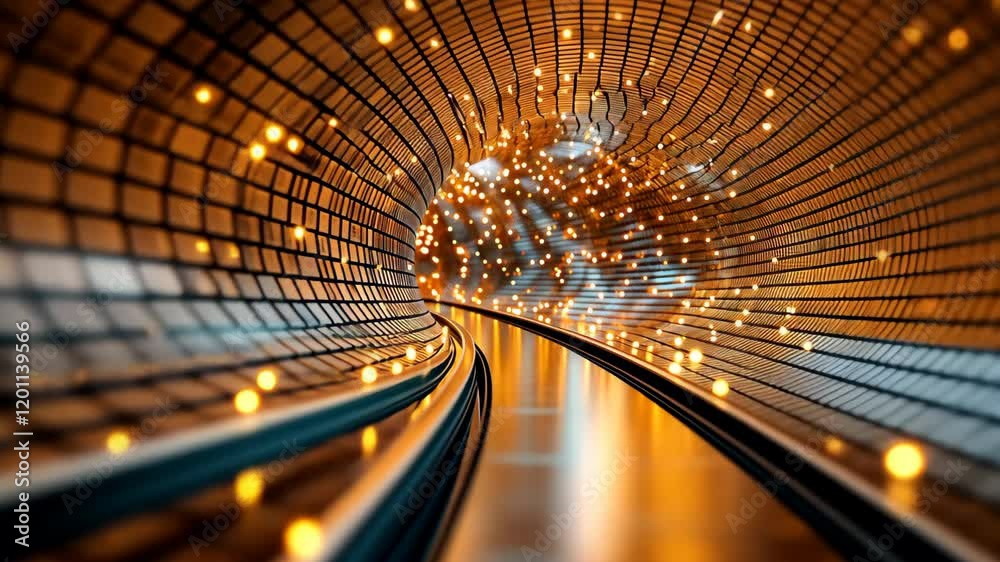 The futuristic sci fi space tunnel corridor features reflective bricks texture along the walls and an array of endless lights illuminating the passageway