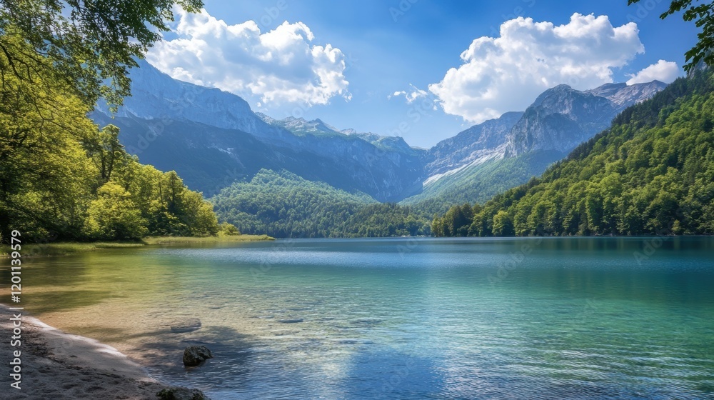 Lush green forest surrounds serene mountain lake under a bright blue sky with fluffy clouds Lush green forest surrounds serene mountain lake under a bright blue sky with fluffy clouds