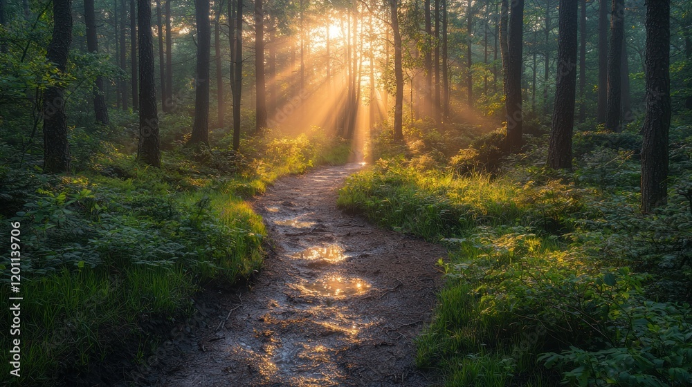 Fototapeta premium Sunbeams illuminate forest path, morning mist, nature