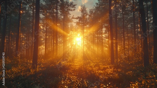 Fototapeta Naklejka Na Ścianę i Meble -  Sunbeams through misty pine forest at sunset; nature background