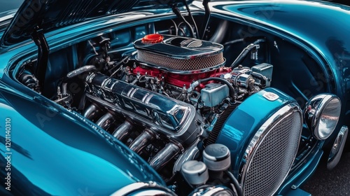 A sports car engine bay with brightly colored performance parts, emphasizing speed and power