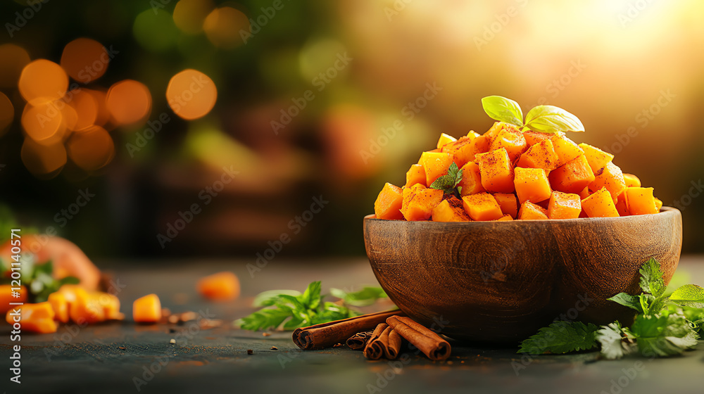 Naklejka premium Mexican Camotes candied sweet potatoes, garnished with cinnamon and served in a rustic market setup, [Latin American desserts, nostalgic treats]