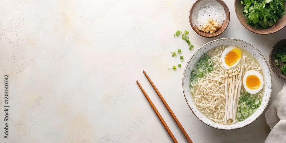 Ramen soup bowl with soft boiled eggs and herbs on neutral table top view arranged with chopsticks and space for text in warm earthy tones Ramen soup bowl with soft boiled eggs and herbs on neutral table top view arranged with chopsticks and space for text in warm earthy tones