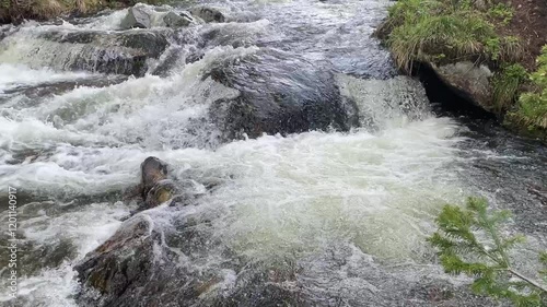 Fast mountain river with pure clear water running among large stones