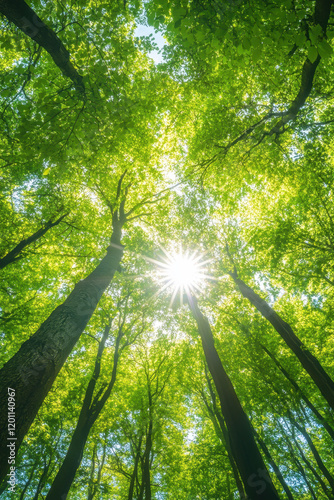 Looking up at the towering green trees with sunlight breaking through the dense canopy, creating a serene and vibrant forest scene.