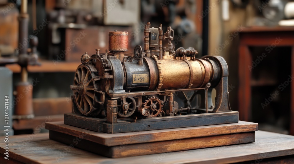 Fototapeta premium A vintage engine with aged brass and iron components, displayed on a wooden platform
