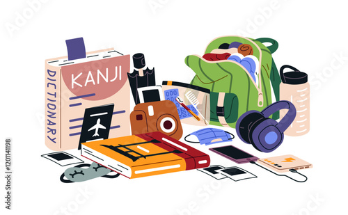 Travel composition with dictionary, open hand luggage for journey in Japan. Tourism items for trip. Backpack, baggage, things for vacation tour. Flat isolated vector illustration on white background