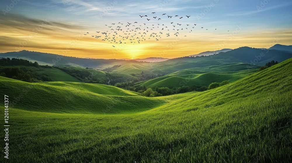 A wide-open parkland with a flock of birds flying over rolling grassy hills at sunrise A wide-open parkland with a flock of birds flying over rolling grassy hills at sunrise