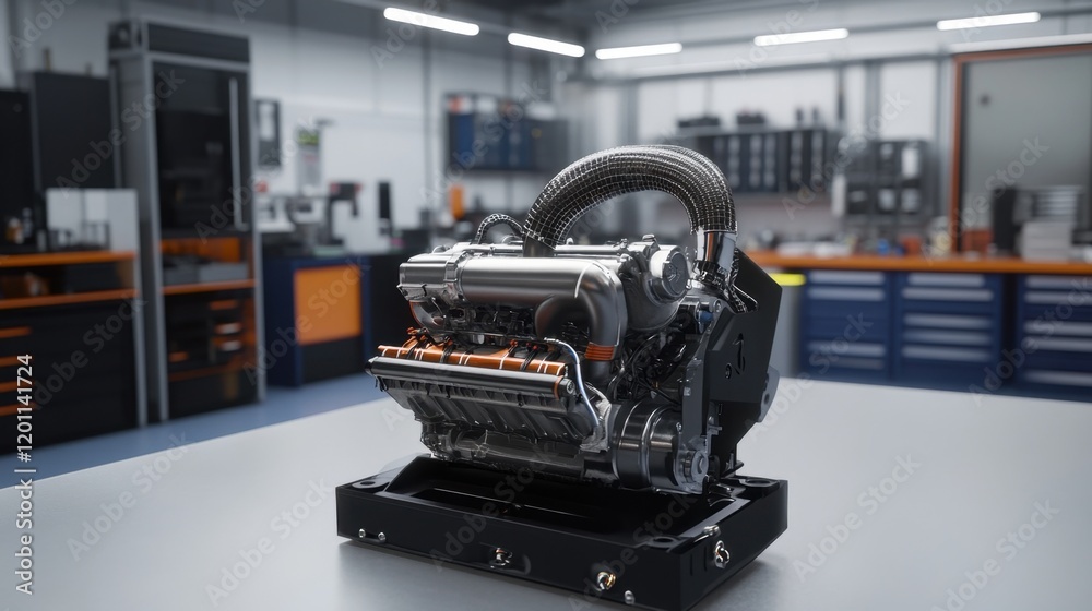 Car engine with visible wiring and turbocharger, set against a workshop backdrop Car engine with visible wiring and turbocharger, set against a workshop backdrop