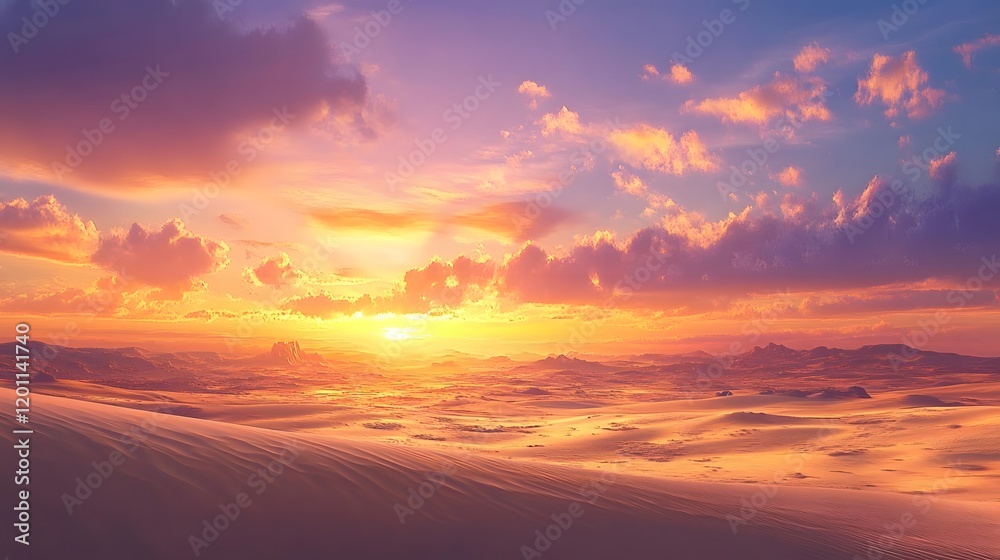 Obraz premium Desert Sunset Landscape Dramatic Sky Golden Hues