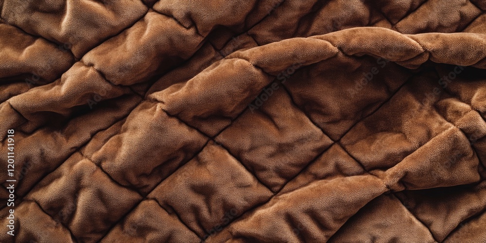 Obraz premium Brown quilted velours fabric backdrop featuring a diamond pattern with a soft wrinkled texture and crumpled material in a warm neutral tone