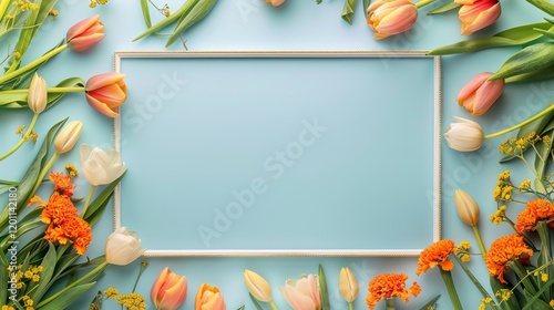 A blank white picture frame with a gold embroidery border centered encircled by tulips and marigolds