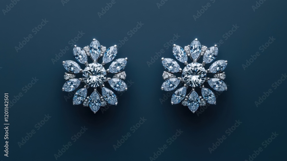 Diamond earrings in a starburst shape displayed on a navy blue background for a bold, striking look Diamond earrings in a starburst shape displayed on a navy blue background for a bold, striking look