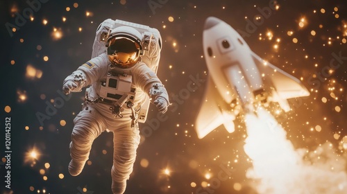 Astronaut floating in space near a rocket launching. photo