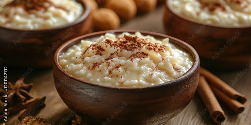 Creamy rice pudding in rustic wooden bowl topped with cinnamon powder and bark, set against a warm, earthy background of traditional sweets.