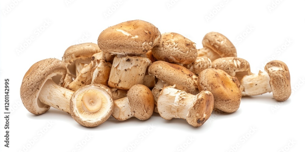 Fresh raw brown champignons piled on a white background with selective focus highlighting their textured caps and stems in natural earthy tones. Fresh raw brown champignons piled on a white background with selective focus highlighting their textured caps and stems in natural earthy tones.
