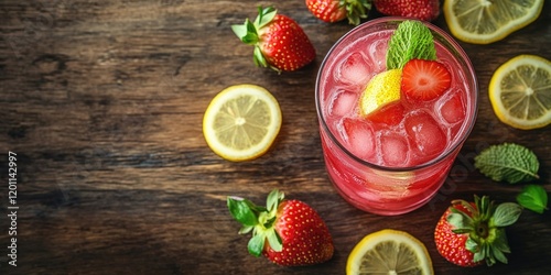 Refreshing sparkling pink strawberry lemonade served in a glass on a dark wooden surface surrounded by strawberries and lemon slices, vibrant colors.