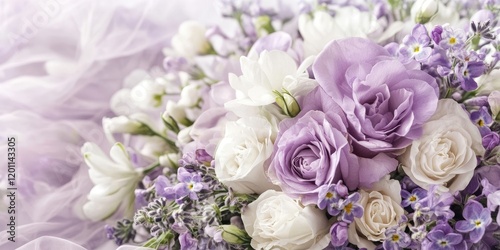 Fototapeta Naklejka Na Ścianę i Meble -  Bouquet of lilac and white roses and flowers arranged elegantly on a soft lilac background emphasizing romance and tenderness in design