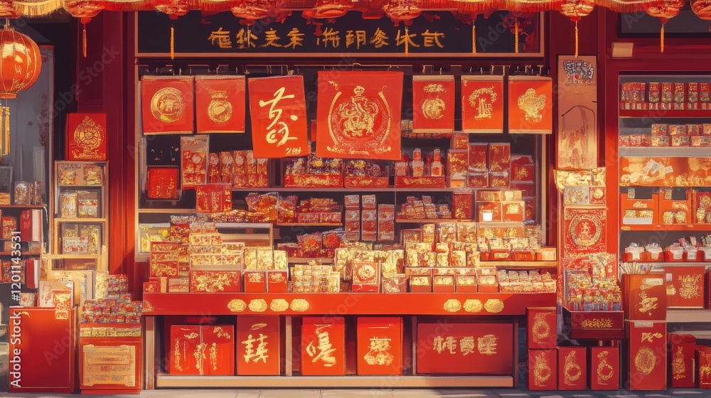 Obraz premium A vibrant market stall filled with red envelopes of various designs, featuring golden calligraphy and symbols of luck. The lively scene captures the essence of Chinese New Year shopping.
