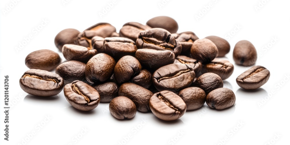 Fototapeta premium Roasted coffee beans scattered in a pile on a reflective white surface featuring rich brown tones and varying sizes for a vibrant food display